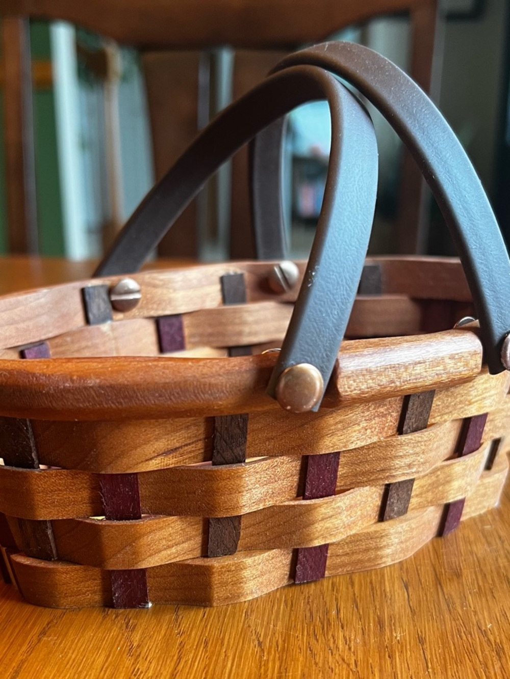 Woven Wood Basket with Dark Brown Handles